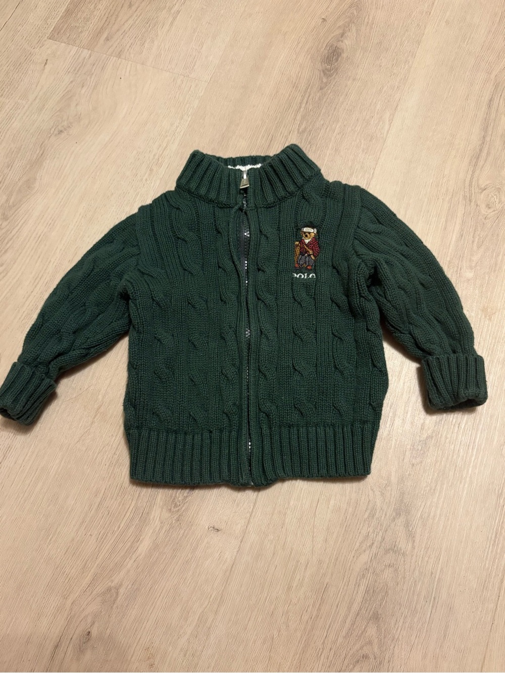 Ralph Lauren Dark Green Cable Knit Zip-Up Kids Sweater with Polo Bear